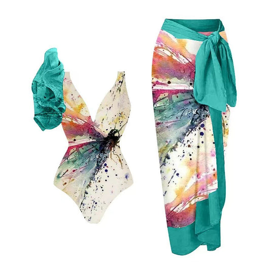 Damen Badeanzug-Set mit floralem Design und elegantem Wickelrock EB