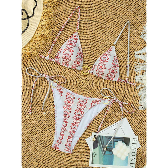 Damen Triangel-Bikini mit Goldring-Details und seitlichen Bindebändern EB