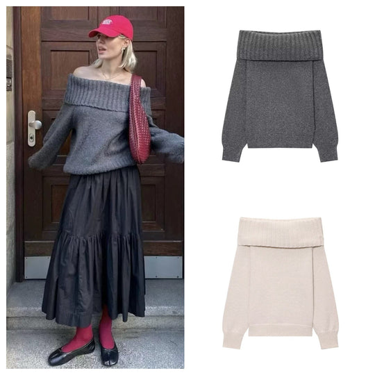 Damen Elegante Strickpullover mit überschnittenen Schultern EB