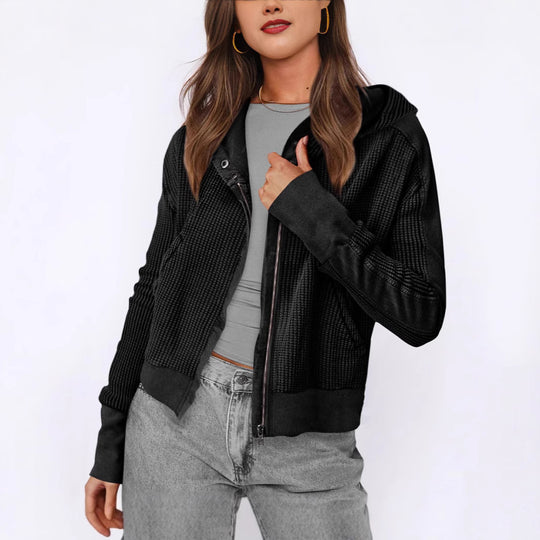 Damen lässige Zip-Jacke mit Kapuze und strukturiertem Design EB