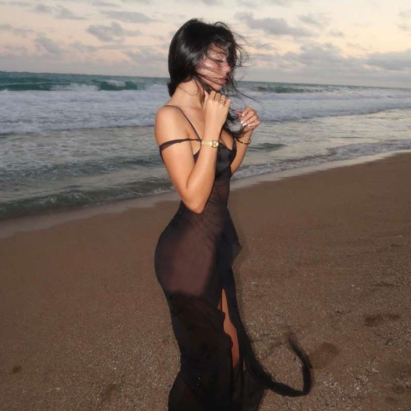 Damen Transparente Maxikleid mit asymmetrischen Fransen EB