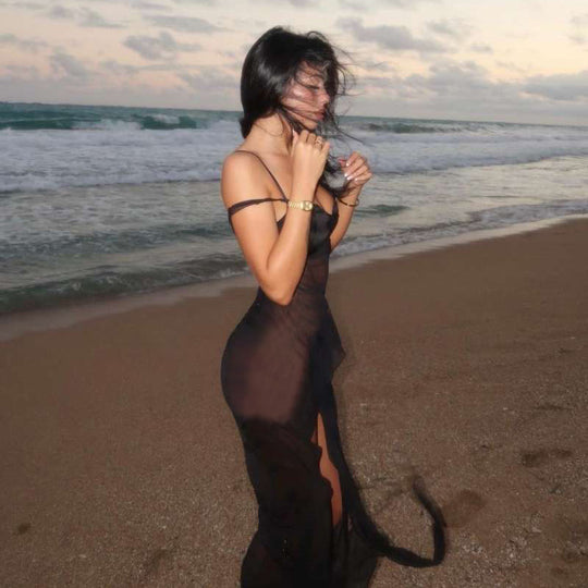 Damen Transparente Maxikleid mit asymmetrischen Fransen EB