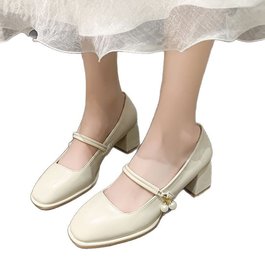 Damen elegante Mary Jane Schuhe mit Blockabsatz und Perlenakzent EB