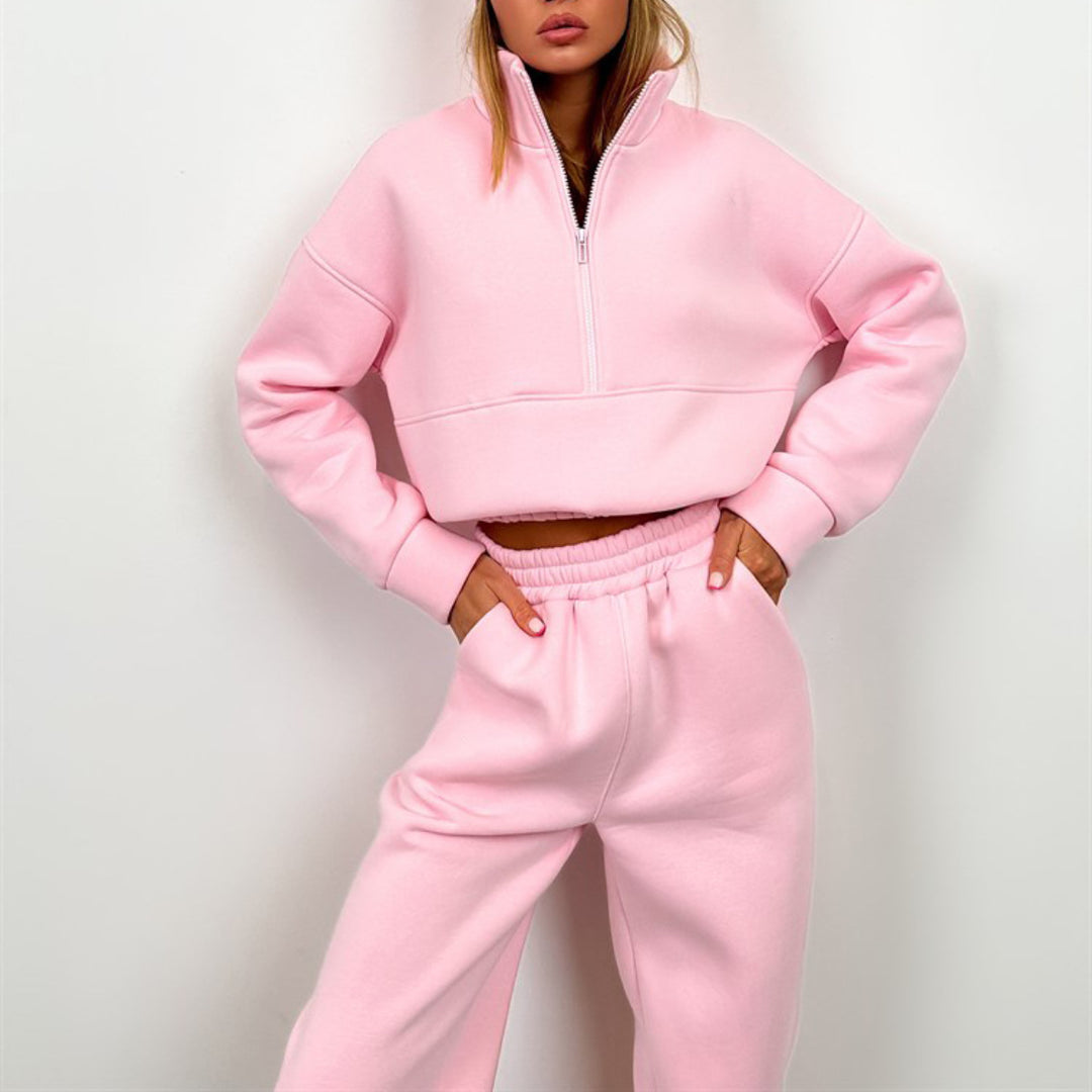 Damen nan cropped Half-Zip Fleece-Set zweiteilig mit hohem Bund und elastischen Bündchen EB