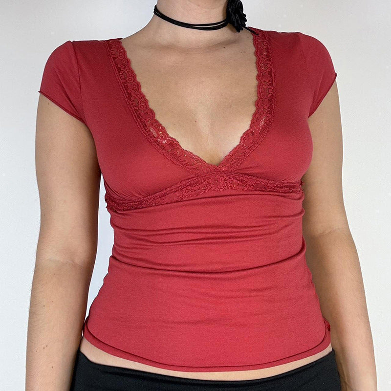Damen Elegantes Oberteil mit Spitzen- und Drapierungselementen EB