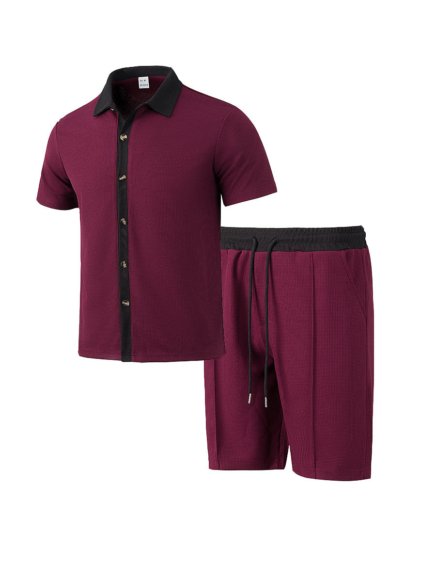 Herren nan modernes Freizeit-Set aus feinem Strukturjersey mit Hemdkragen-Knopfleiste und Kordel-Shorts EB