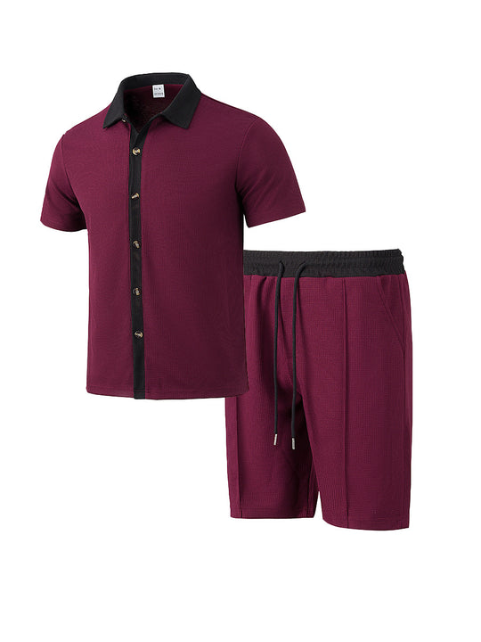 Herren nan modernes Freizeit-Set aus feinem Strukturjersey mit Hemdkragen-Knopfleiste und Kordel-Shorts EB