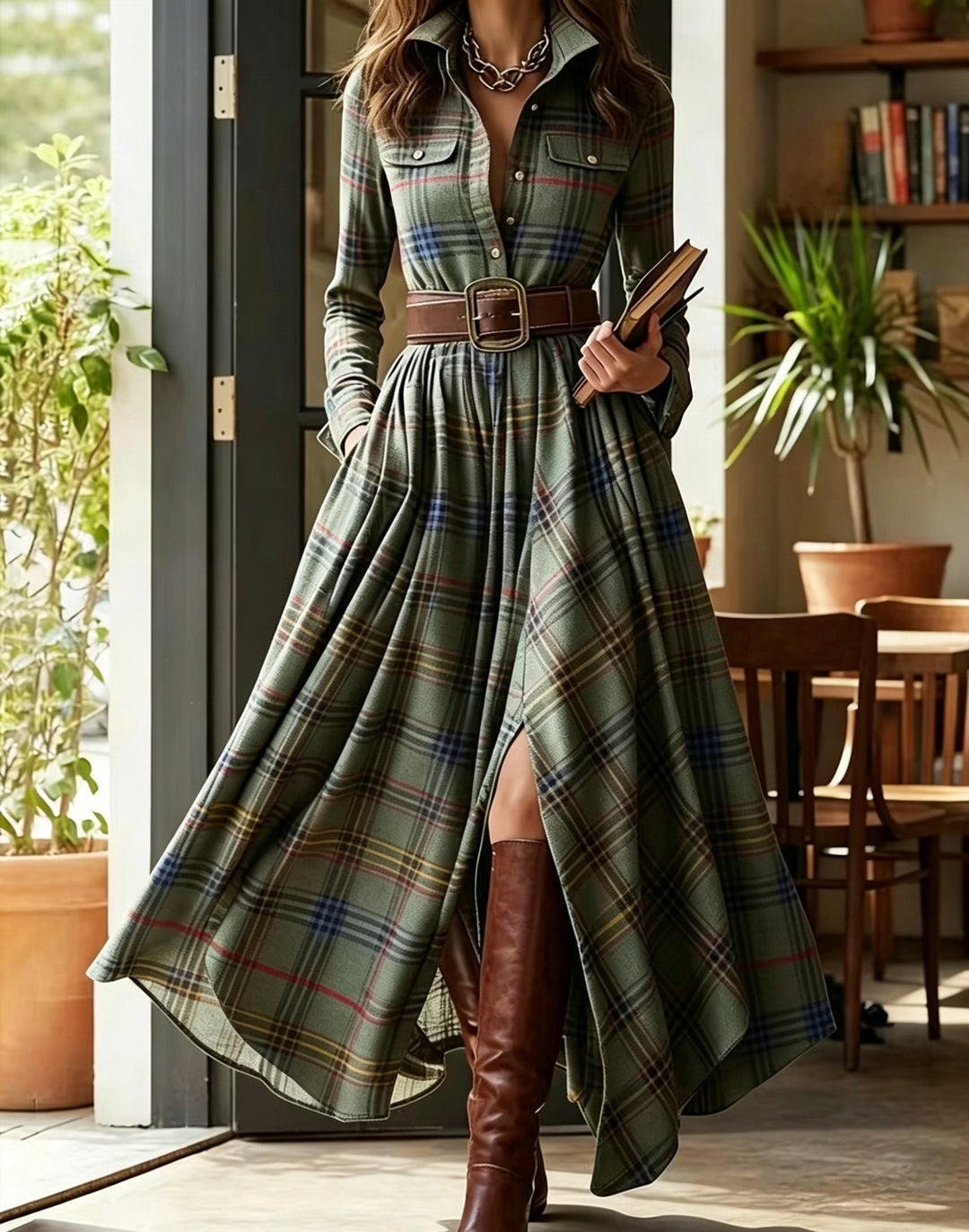 Damen nan karierte Maxikleid Hemdblusenkleid mit ausgestelltem Rock und breitem Taillengürtel EB