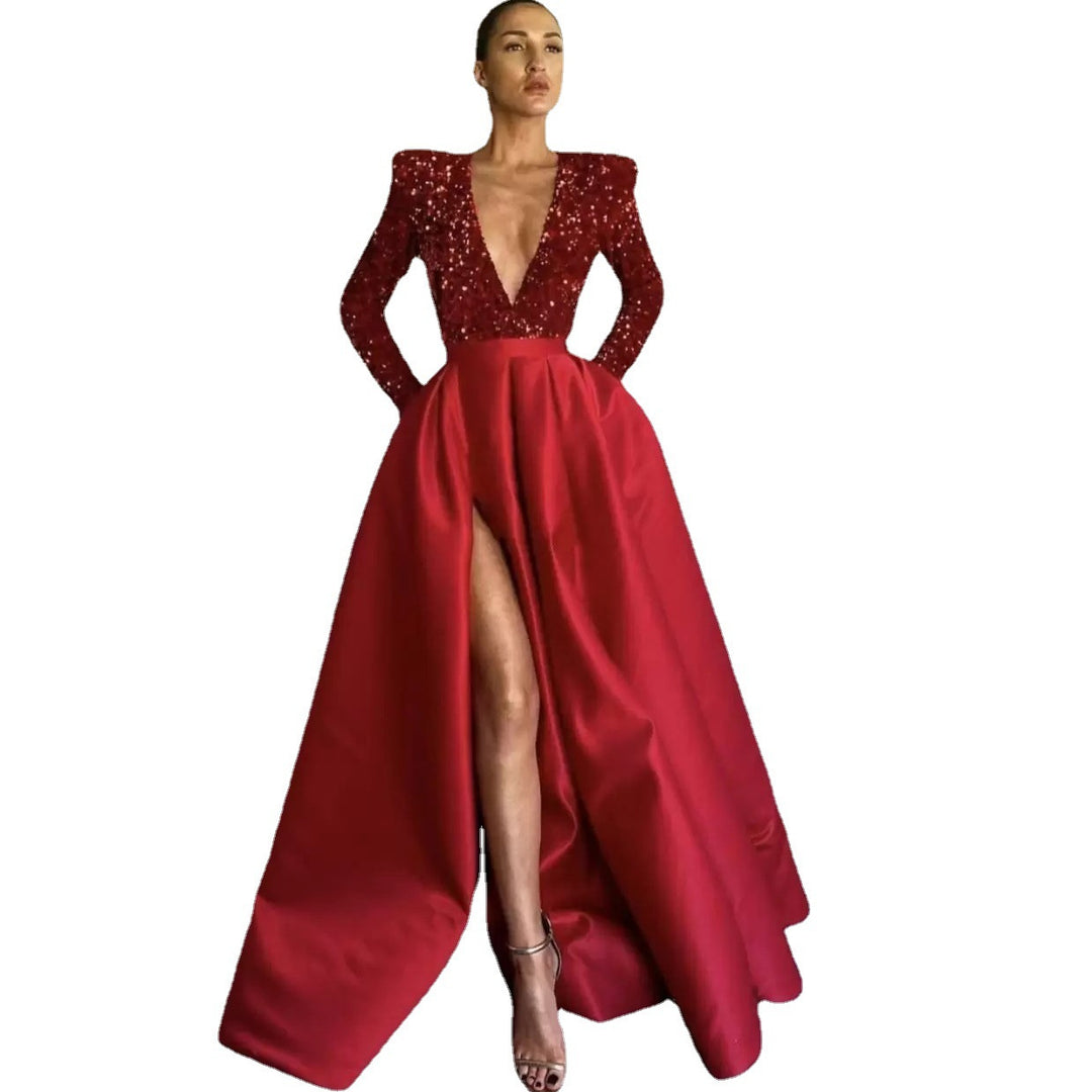 Damen Glamouröses Abendkleid mit tiefem V-Ausschnitt und hochgeschnittenem Rock EB
