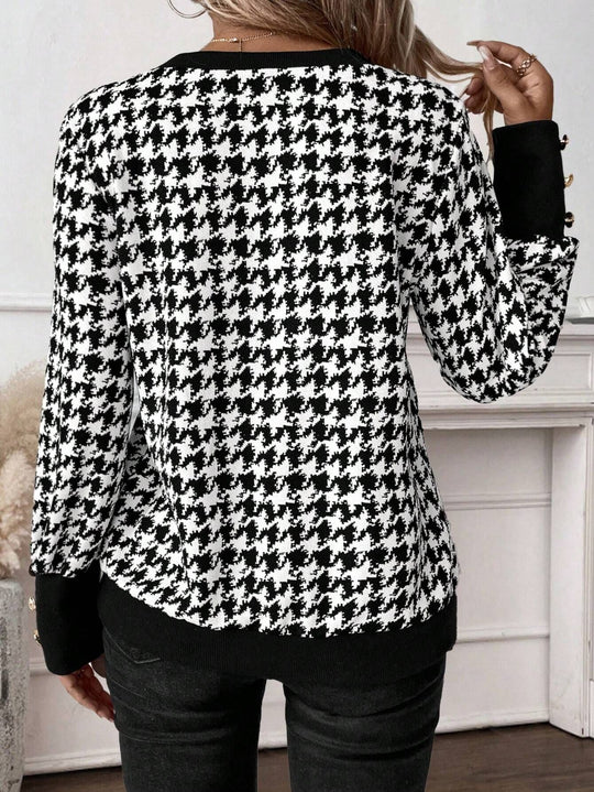 Damen V-Ausschnitt Strickpullover mit Hahnentrittmuster EB