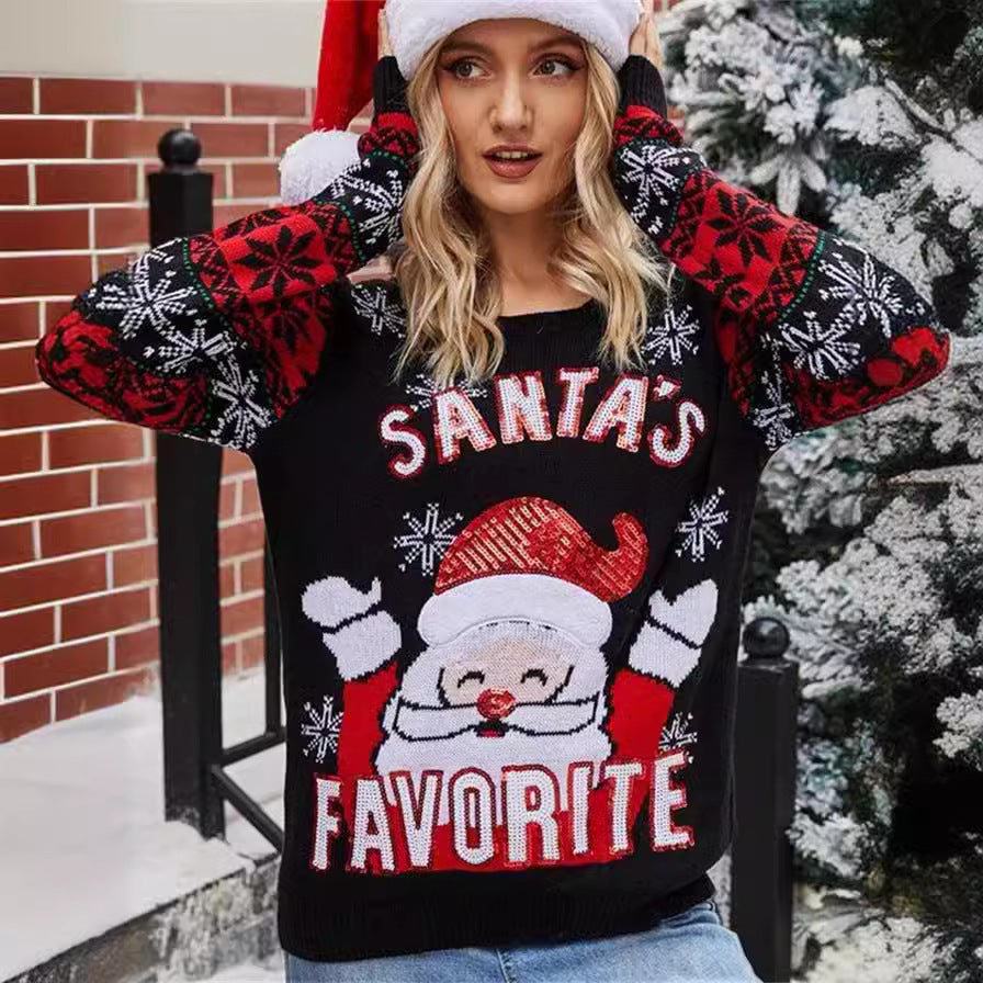 Damen Weihnachts-Pullover mit festlichem Santa-Motiv und glitzernden Akzenten EB