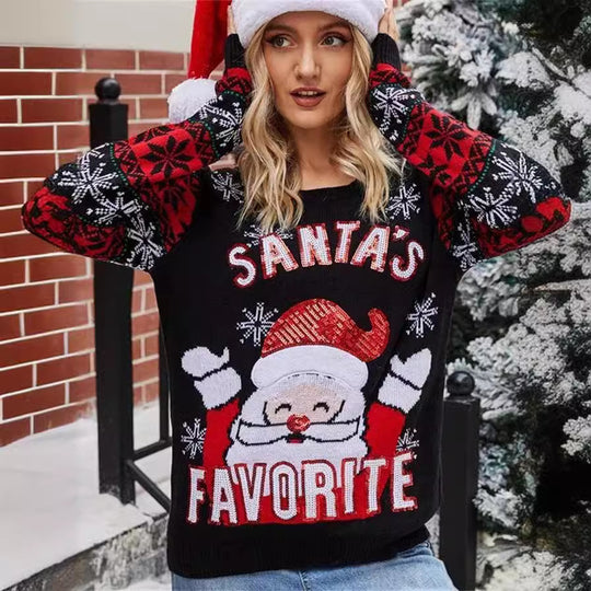 Damen Weihnachts-Pullover mit festlichem Santa-Motiv und glitzernden Akzenten EB