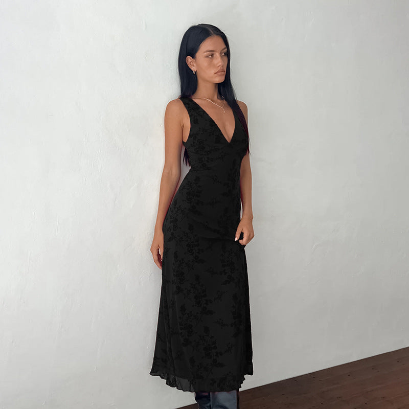 Damen Maxikleid mit tiefem V-Ausschnitt und floralem Spitzenmuster EB
