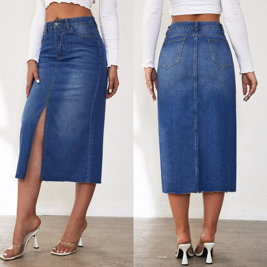 Damen Jeansrock mit hoher Taille und seitlichem Schlitz EB