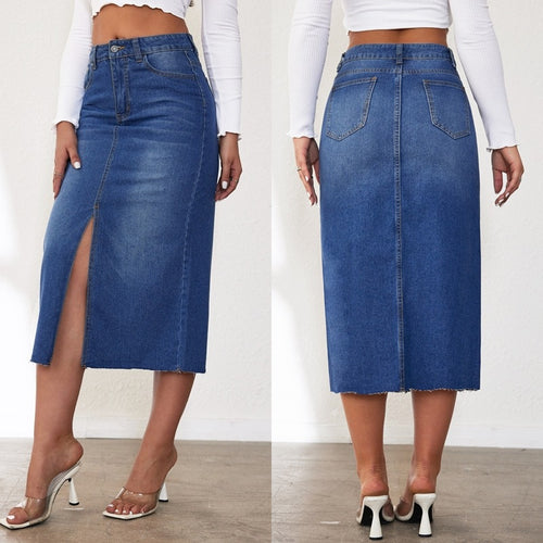 Damen Jeansrock mit hoher Taille und seitlichem Schlitz EB