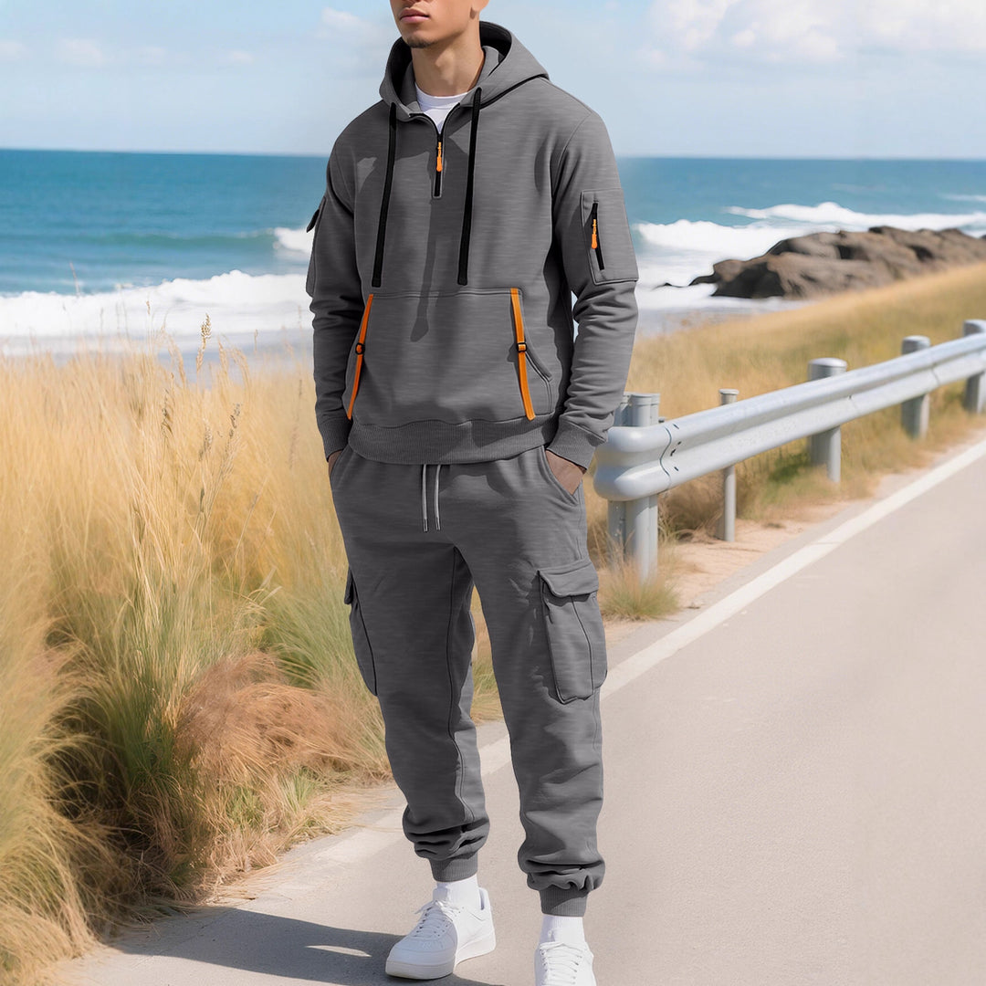 Herren nan lässiger Halbzip Hoodie mit Kängurutasche und Cargo Jogginghose mit Reißverschlussdetails EB