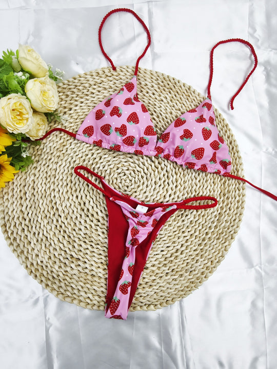 Damen Triangel-Bikini-Set mit fröhlichem Kirschmuster und verstellbaren Trägern EB