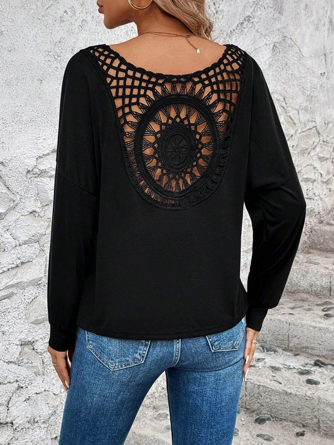Damen Langarm T-Shirt mit dekorativem Häkelrücken EB
