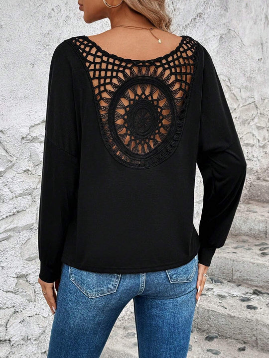 Damen Langarm T-Shirt mit dekorativem Häkelrücken EB