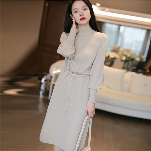 Damen Elegantes Knielanges Kleid mit Gürtel und Langarm EB