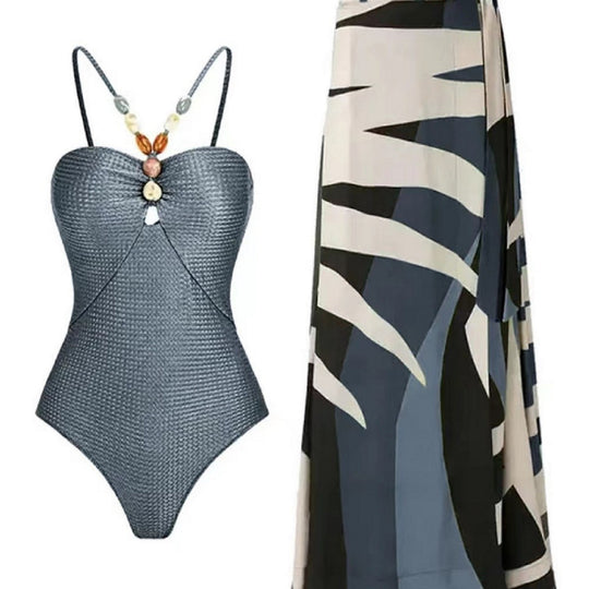 Damen Badeanzug mit trendigem Cut-Out und elegantem Wickelrock EB
