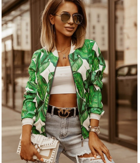 Damen Sportliche Bomberjacke mit floralem Print und Reißverschluss EB