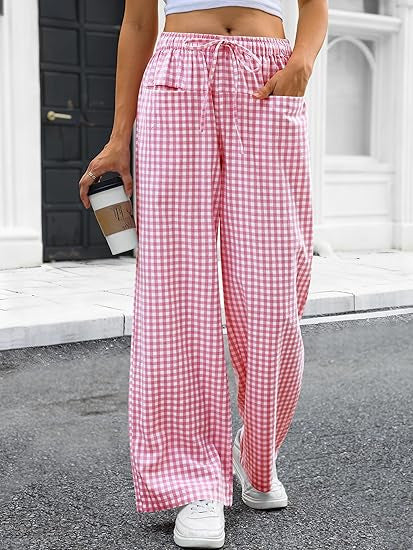 Damen Weit geschnittene Karohose mit elastischem Bund und praktischen Taschen EB