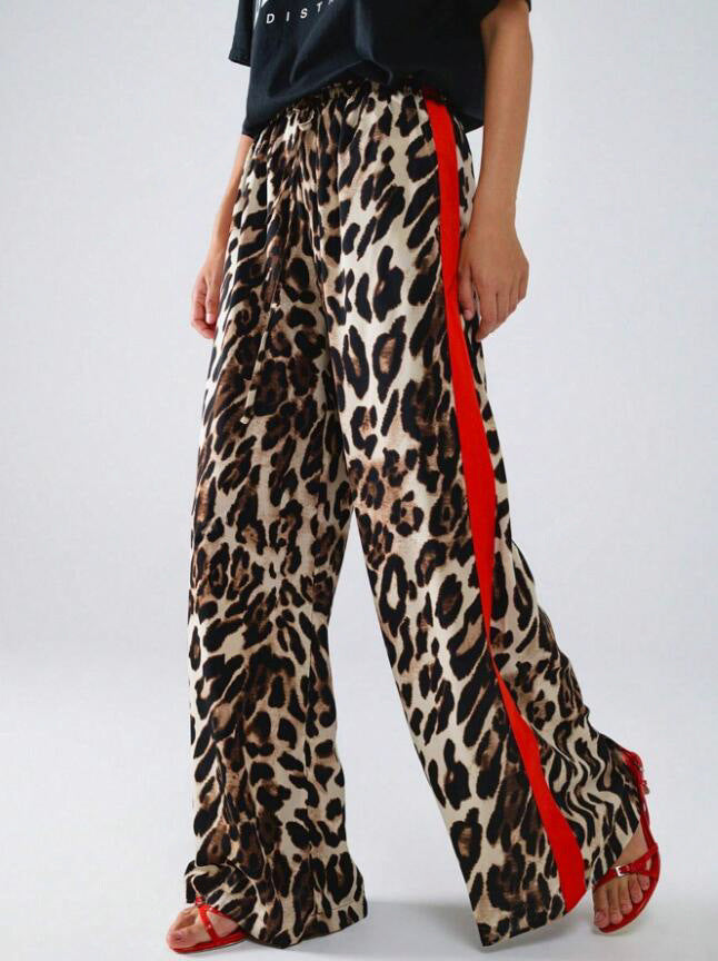 Damen weite Leinenhose mit modischem Leopardenmuster und kontrastierendem Streifen EB