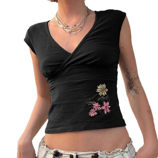 Damen figurbetontes Kurzarm-Shirt mit floralem Stickmuster EB