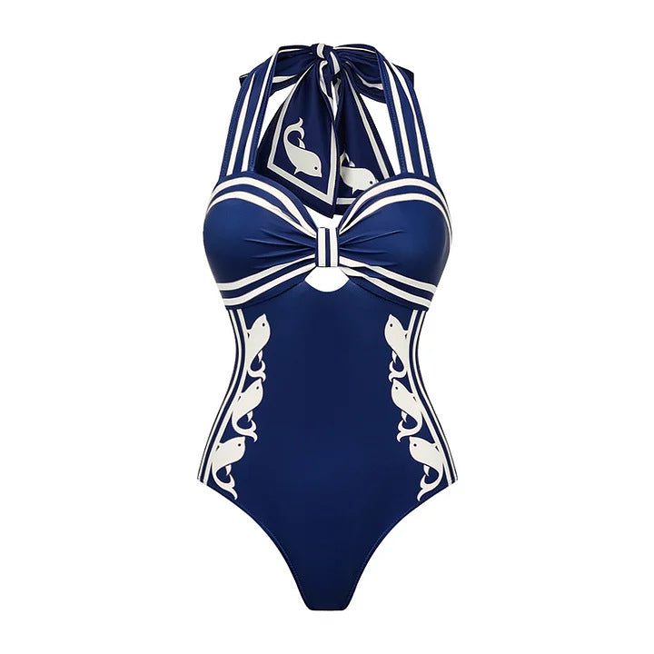 Damen Einteiler Badeanzug mit raffiniertem Cut-Out und dekorativen Schleifen EB