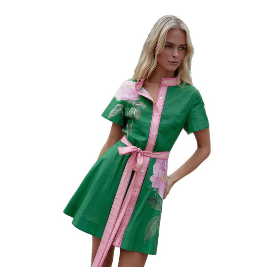 Damen Freizeitkleid mit floralem Muster und bequemen Taillengürtel EB