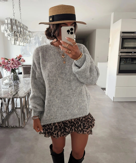 Damen Strickpullover mit voluminösen Ärmeln und feiner Struktur EB