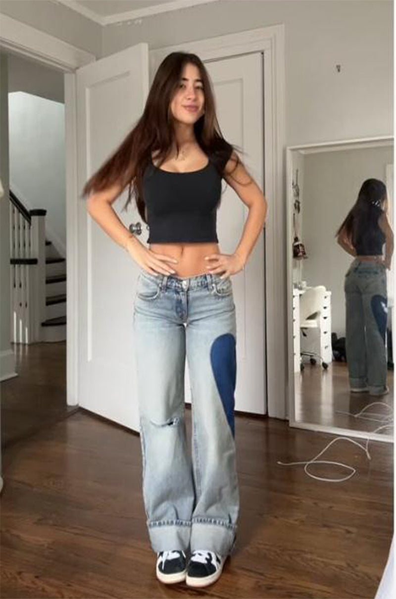 Damen Weit geschnittene Jeans mit modischen Ellbogen-Patch-Details EB