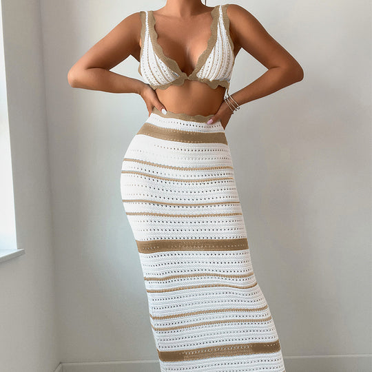 Damen Häkel-Crop-Top und Maxirock Set EB