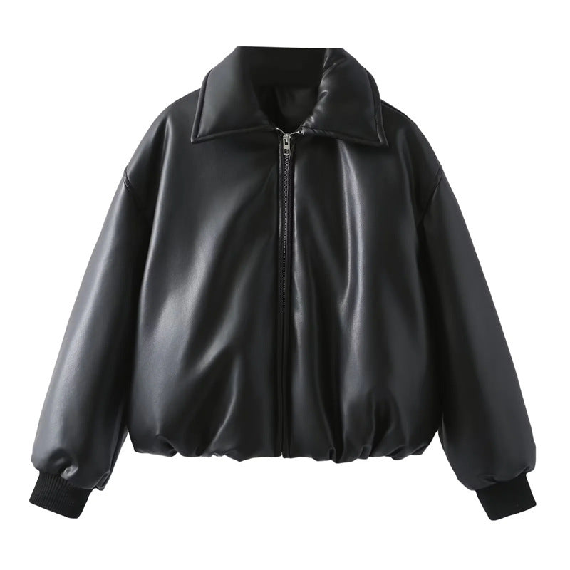 Damen lässige Boxy-Jacke aus weichem Kunstleder mit elastischem Bund EB