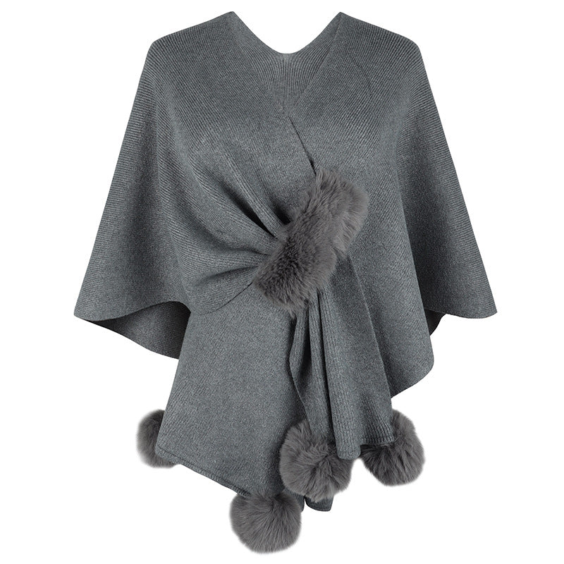 Damen eleganter Poncho mit luxuriösem Kunstfellbesatz EB