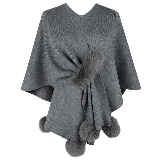 Damen eleganter Poncho mit luxuriösem Kunstfellbesatz EB