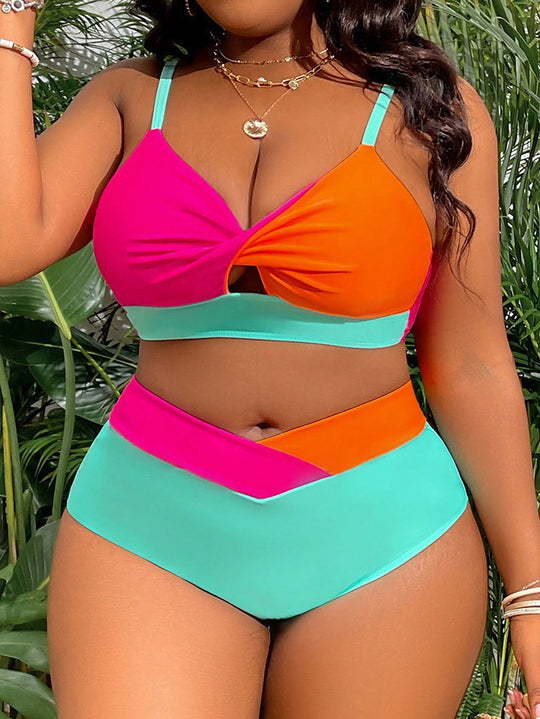 Damen Hochgeschnittener Bikini mit kreativem Farbblock-Design EB