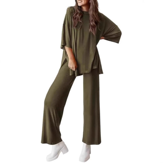 Damen Lässiges Lounge-Set aus weichem Jersey mit Oversize-Tunika und weiter Palazzo-Hose EB