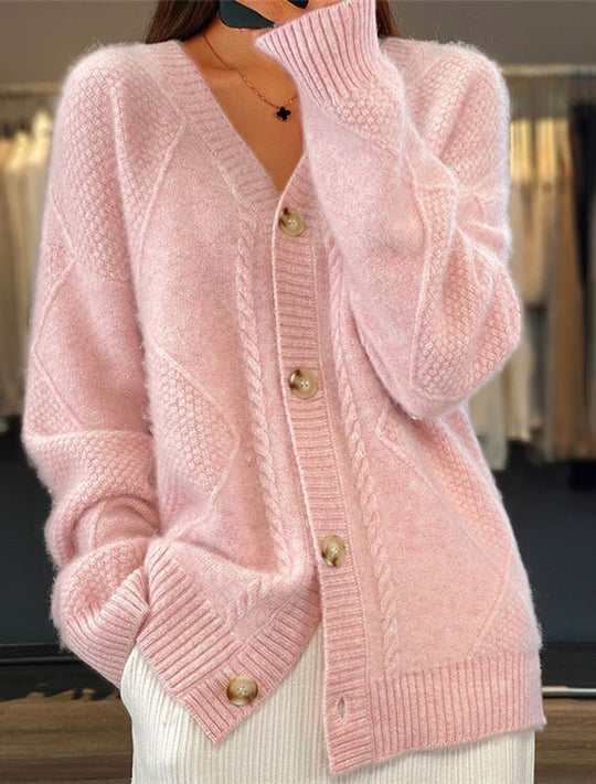 Damen nan Oversize Strickcardigan mit Zopfmuster V-Ausschnitt und Perlmuttknöpfen EB