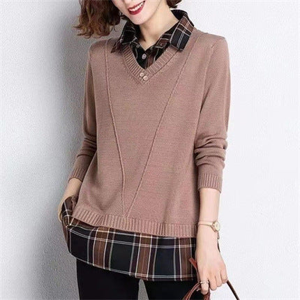 Damen Layered Strickpullover mit V-Ausschnitt und trendy Hemdbluse EB