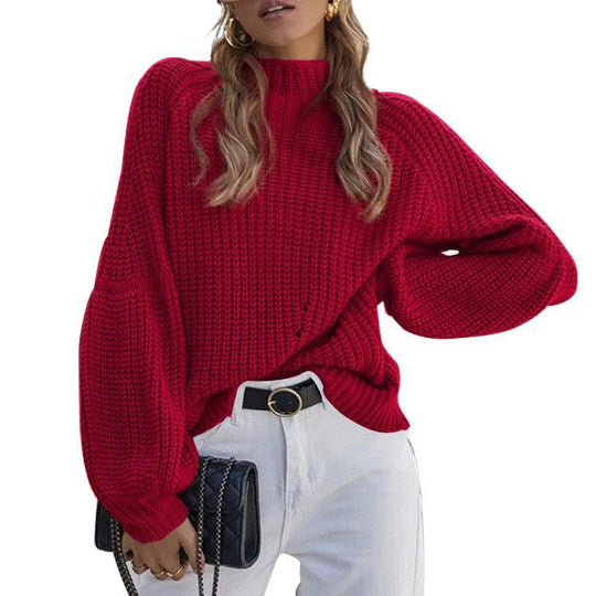Damen Grobstrickpullover mit hohem Kragen und weitem Schnitt EB