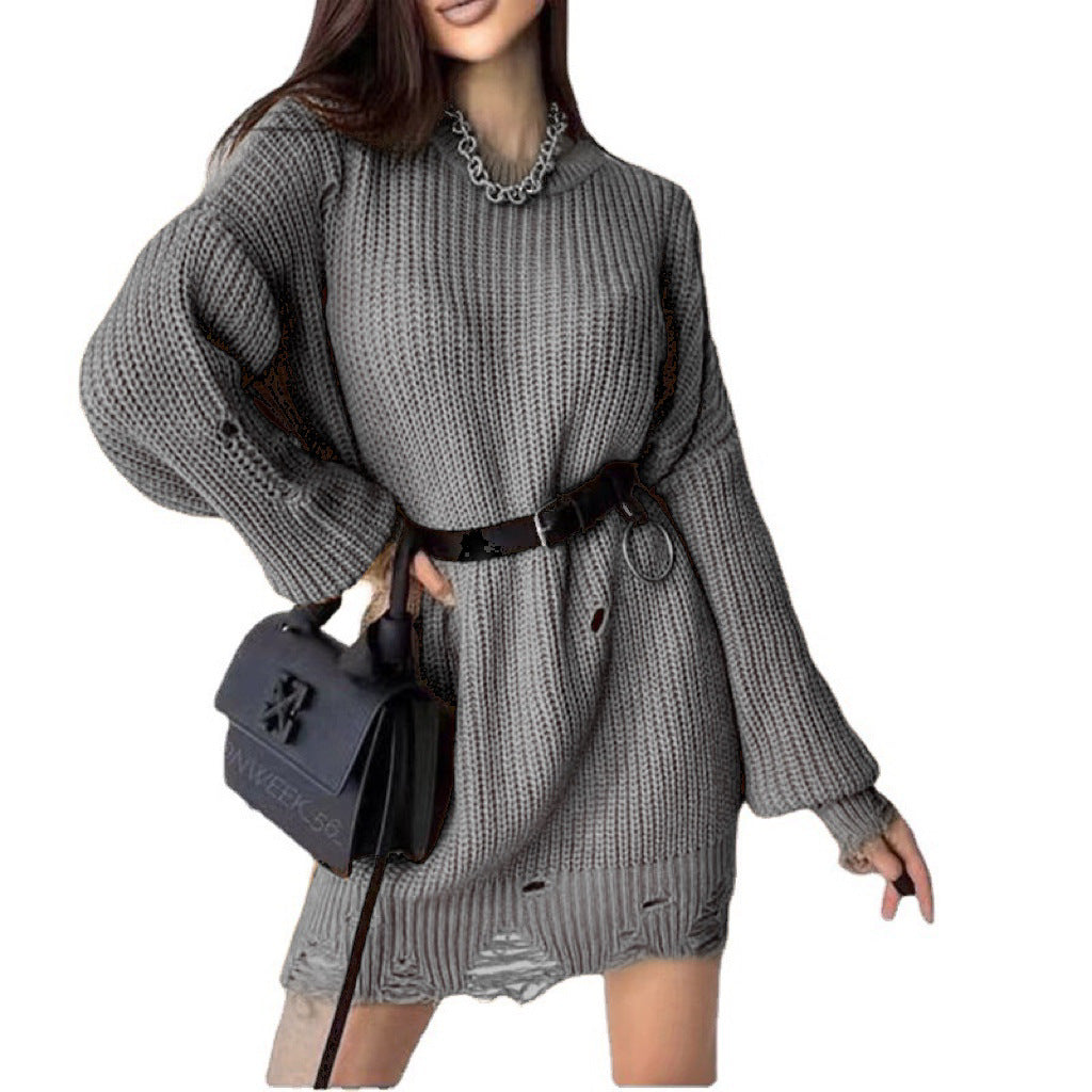 Damen Oversize Grobstrick-Minikleid mit Destroy-Effekt und Rundhalsausschnitt EB