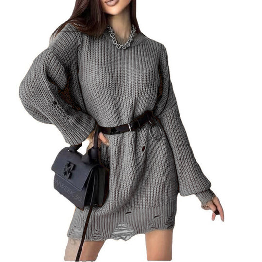 Damen Oversize Grobstrick-Minikleid mit Destroy-Effekt und Rundhalsausschnitt EB