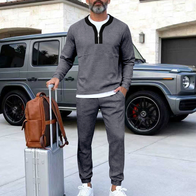 Herren Leichtes Henley-Loungewear-Set mit Kontrastkragen, Tunnelzug-Jogger und elastischen Bündchen EB