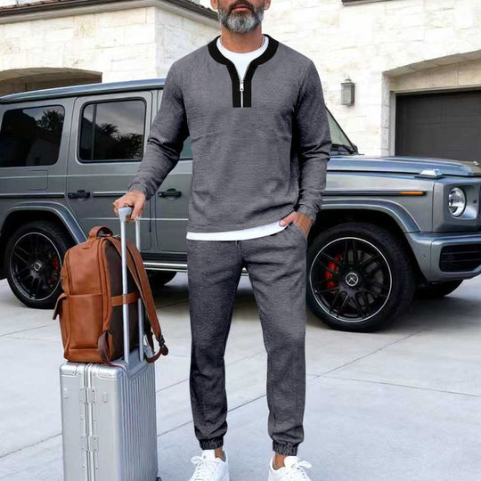 Herren Leichtes Henley-Loungewear-Set mit Kontrastkragen, Tunnelzug-Jogger und elastischen Bündchen EB