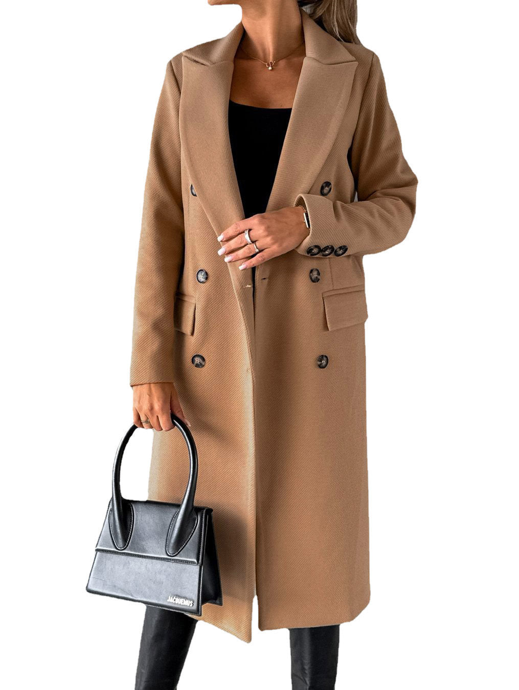 Damen nan klassischer langer Doppelreiher Mantel mit Reverskragen und Pattentaschen EB