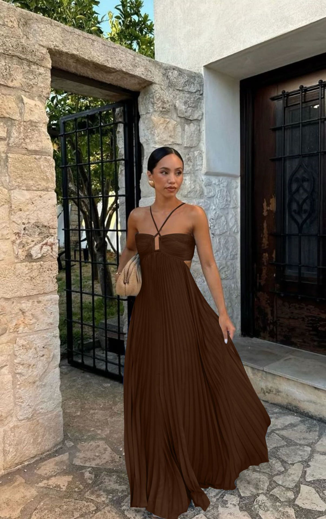 Damen Plisseekleid mit schulterfreiem Design und raffinierten Trägerdetails EB