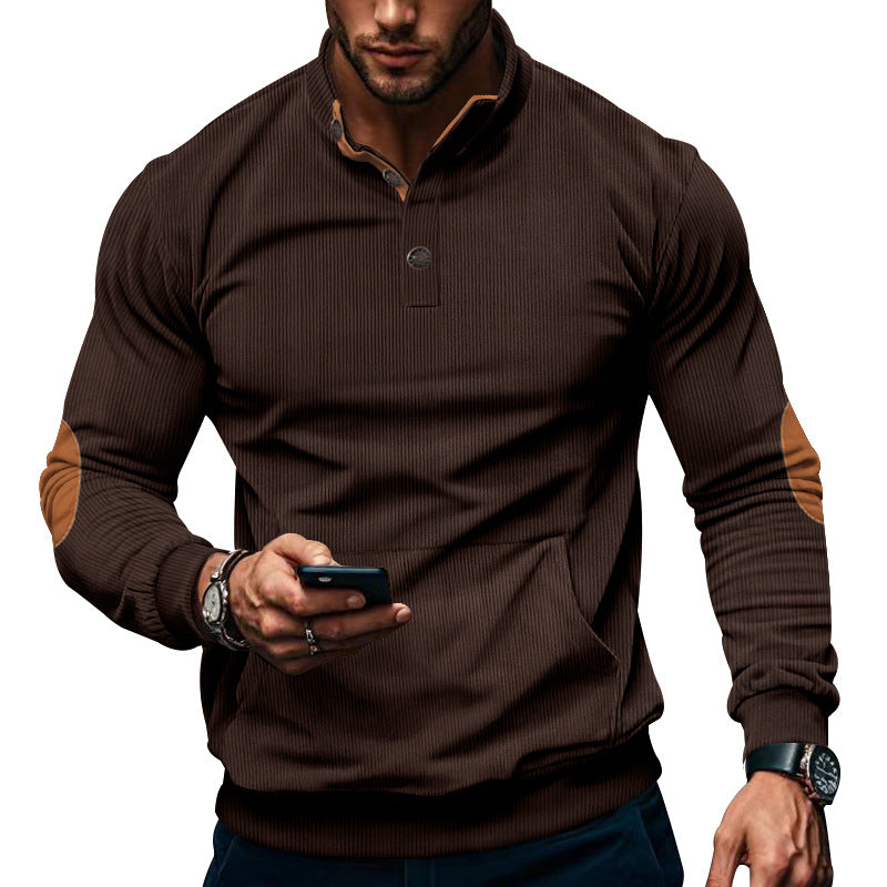 Herren nan strukturiertes Halbkragen-Sweatshirt mit Ellbogenpatches, Kängurutasche und feiner Rippstruktur EB