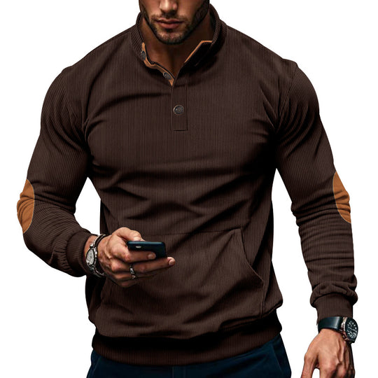 Herren nan strukturiertes Halbkragen-Sweatshirt mit Ellbogenpatches, Kängurutasche und feiner Rippstruktur EB